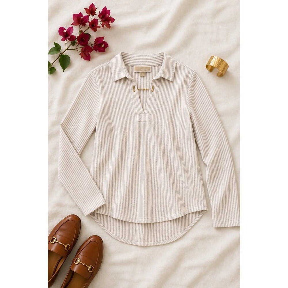 Michael Kors Linen Blend Striped Tunic Blouse Small Gold Chain